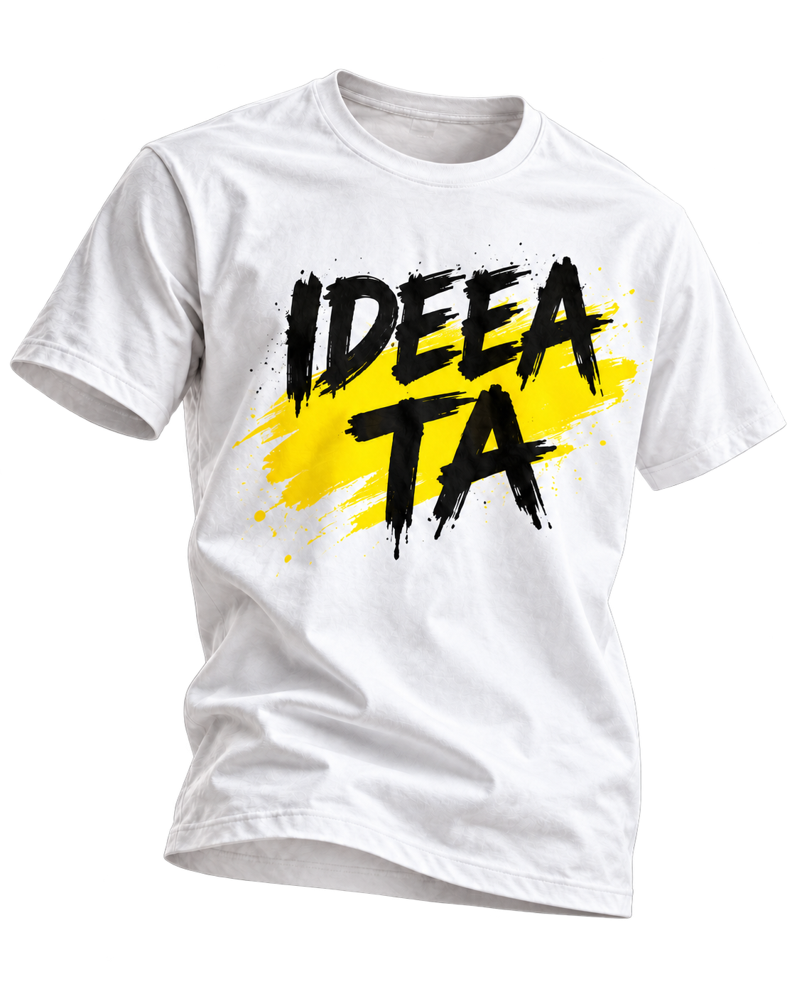 Simulare de tricou alb personalizat cu mesajul IDEA TA și accent galben